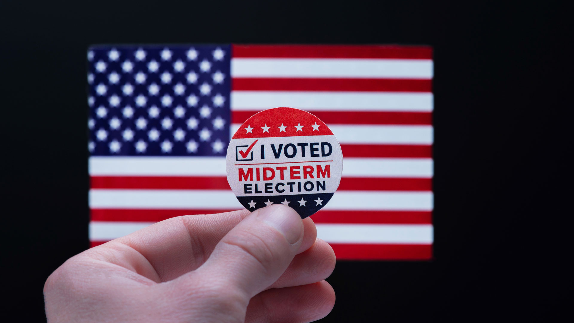 Midterms Elections button in front of American flag
