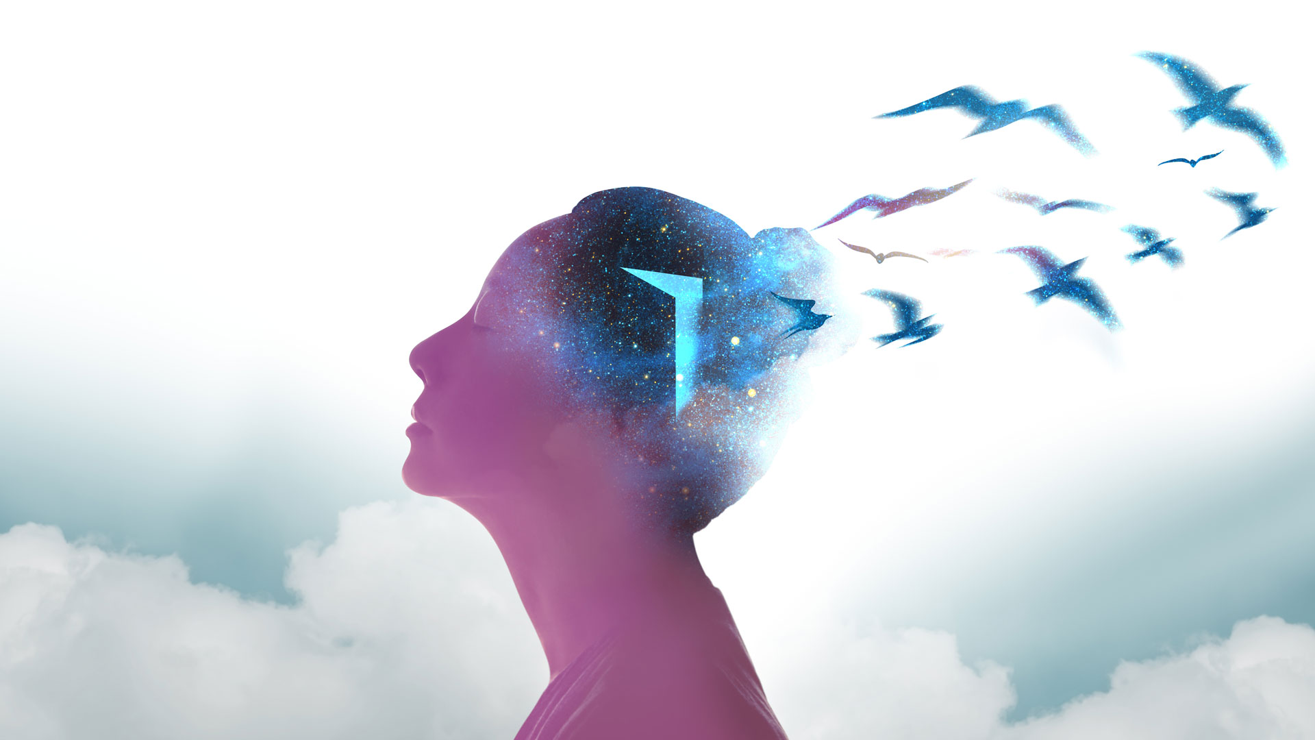 Abstract image of dreaming woman with birds leaving her head