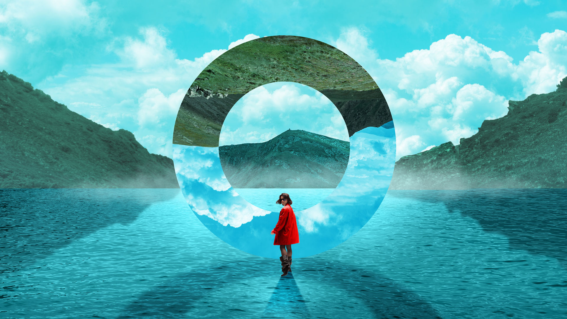 Woman stands in front of mirrored circular portal surrounded by water, reflecting another version of world and herself in symbolic balance. Surreal art design. Concept of escapism, fantasy