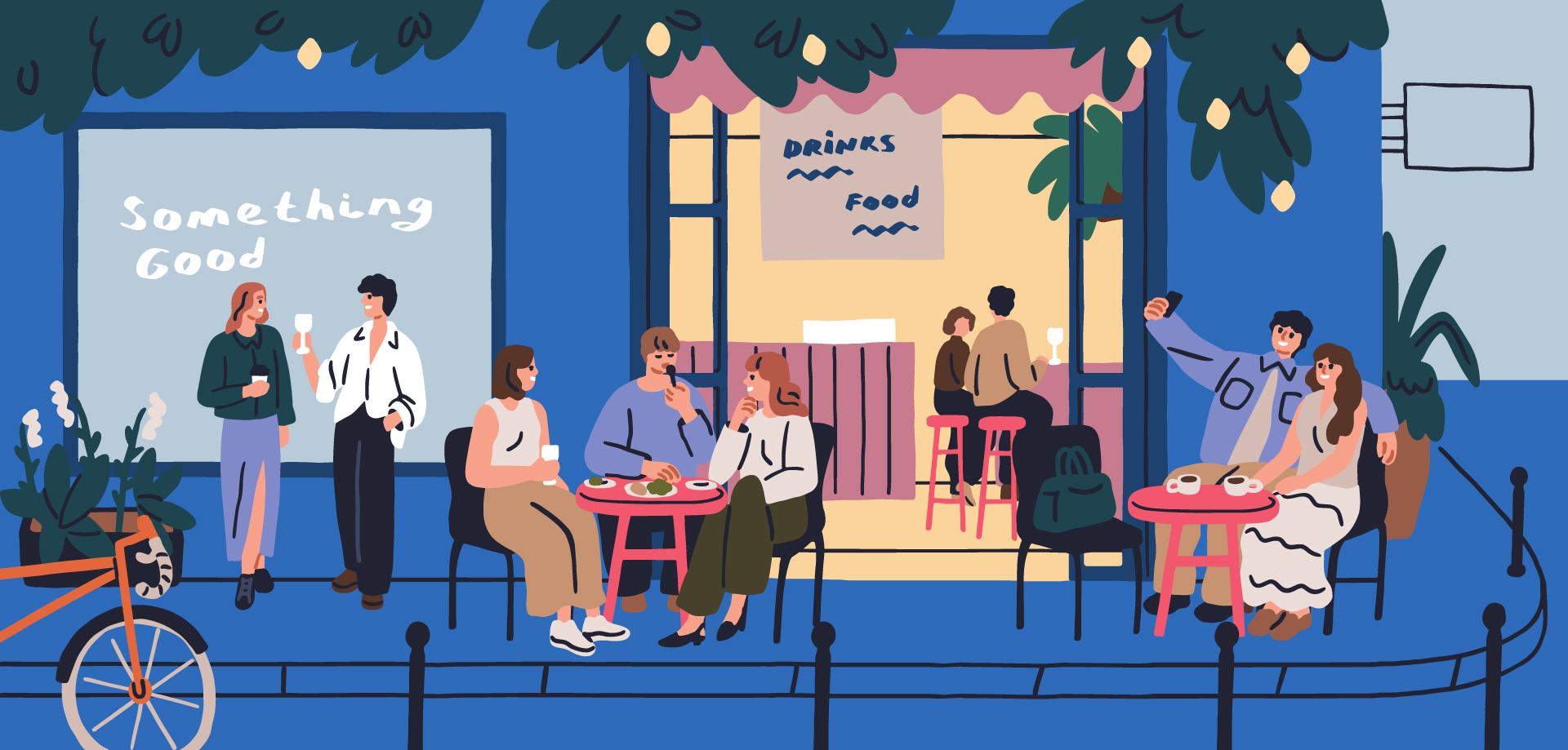Illustration of people at a café during the evening